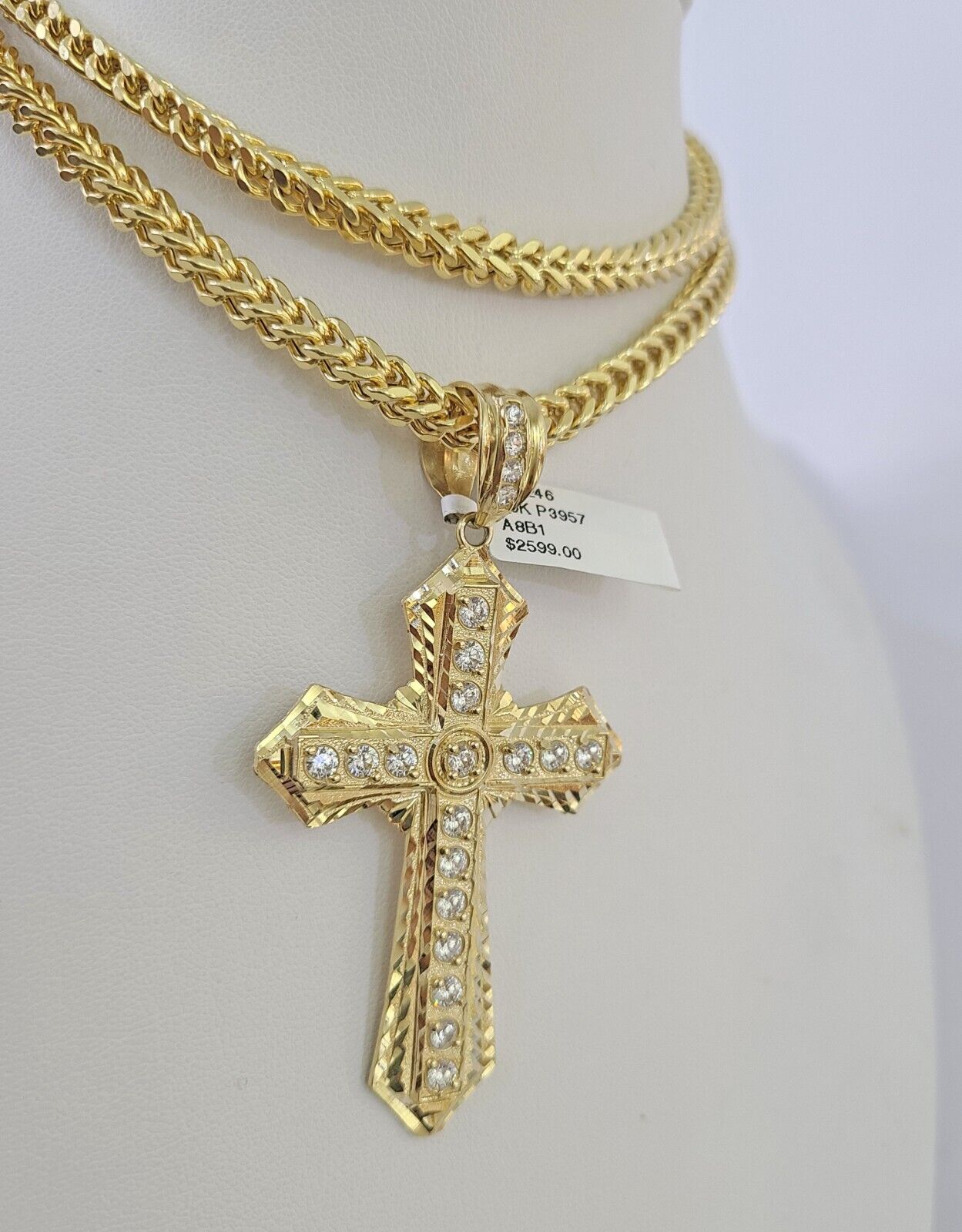 10K Franco Chain Jesus Cross Pendant Charm Necklace 20"-26" 5mm Gold SET Yellow