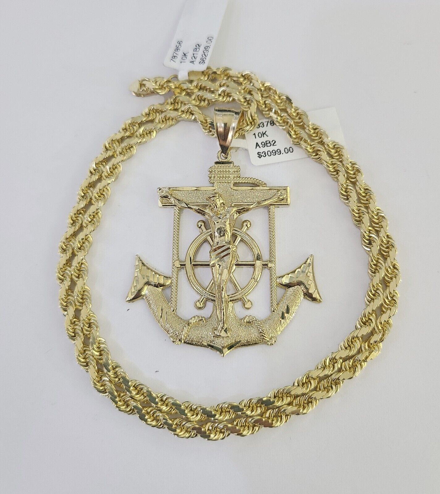 10k Solid Rope Chain Jesus Anchor Charm Set 4mm 18"-30" Necklace Gold Pendant