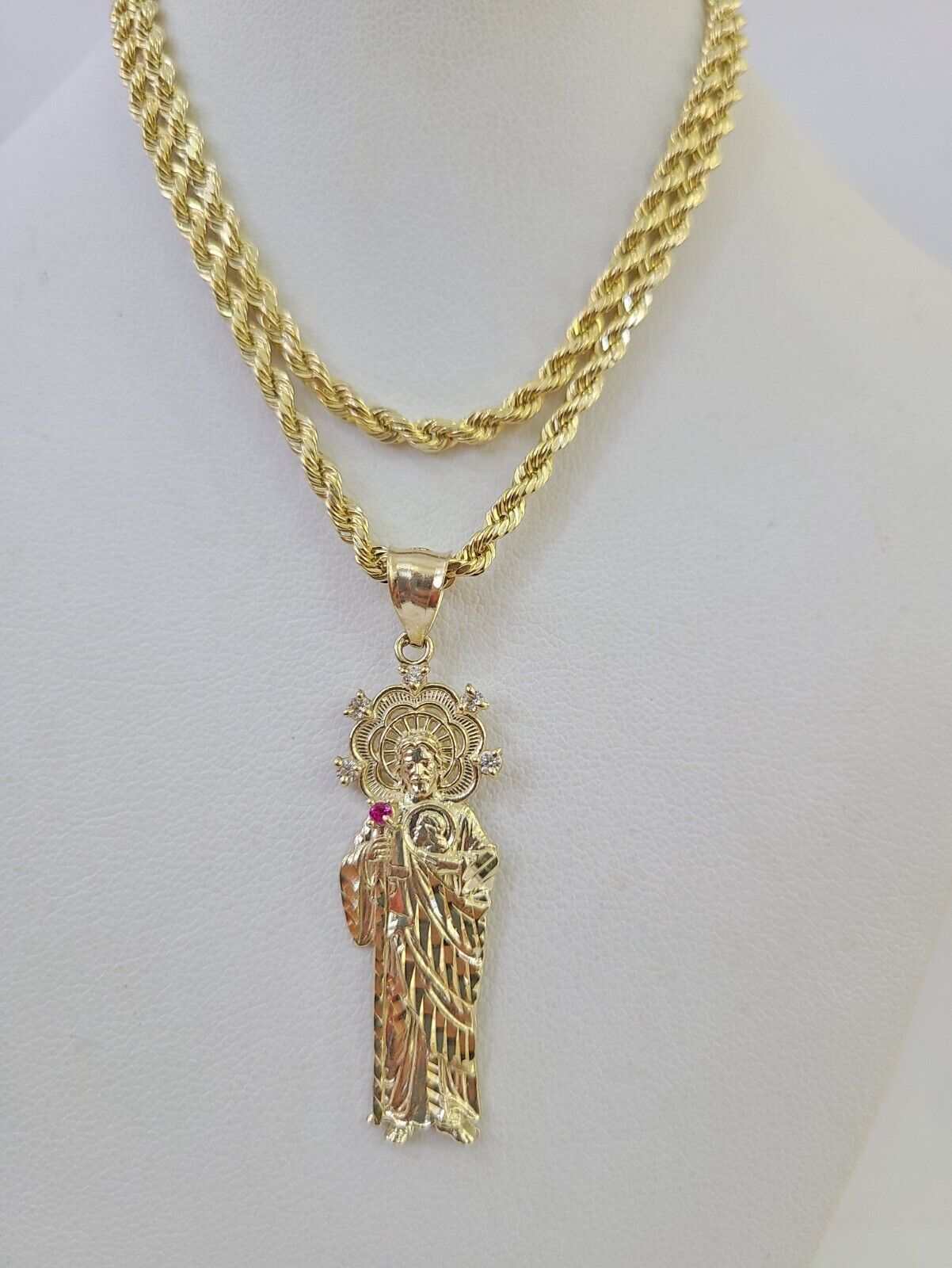 10k 3mm Rope Chain Saint Jude Pendant 18"-30" Yellow Gold Set Charm Necklace