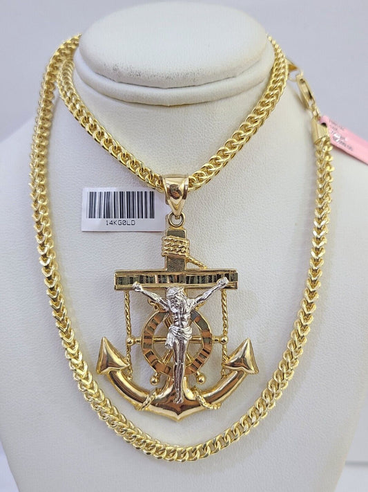 14K Franco Chain Jesus Anchor Pendant Charm Necklace 20"-26" 4mm Gold