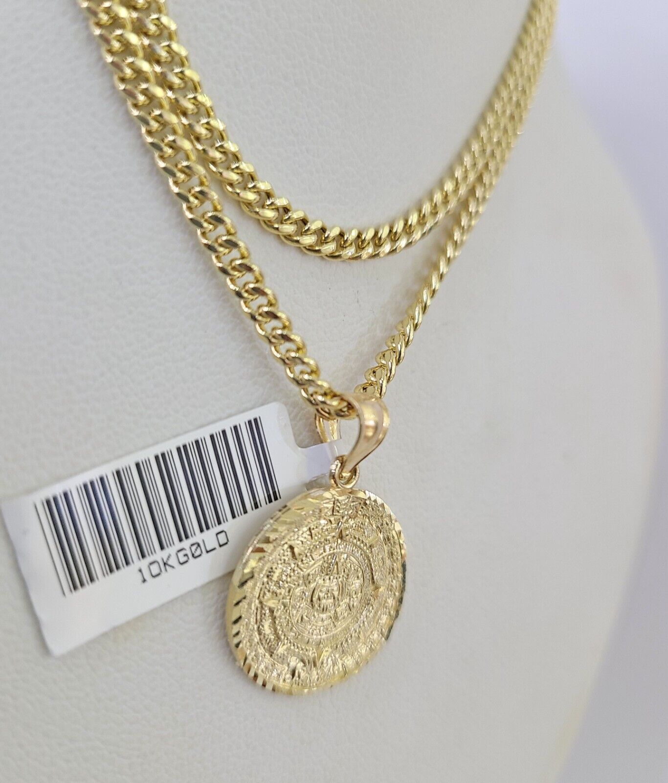 10K Gold Miami Cuban Chain Mayan Calendar 18"-28" 3mm REAL Pendant Necklace SET