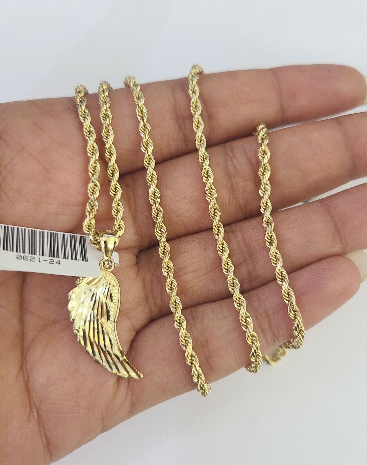 10k 2.5mm Rope Chain Angel Wings Pendant 18"-30" Yellow Gold Set Charm Necklace