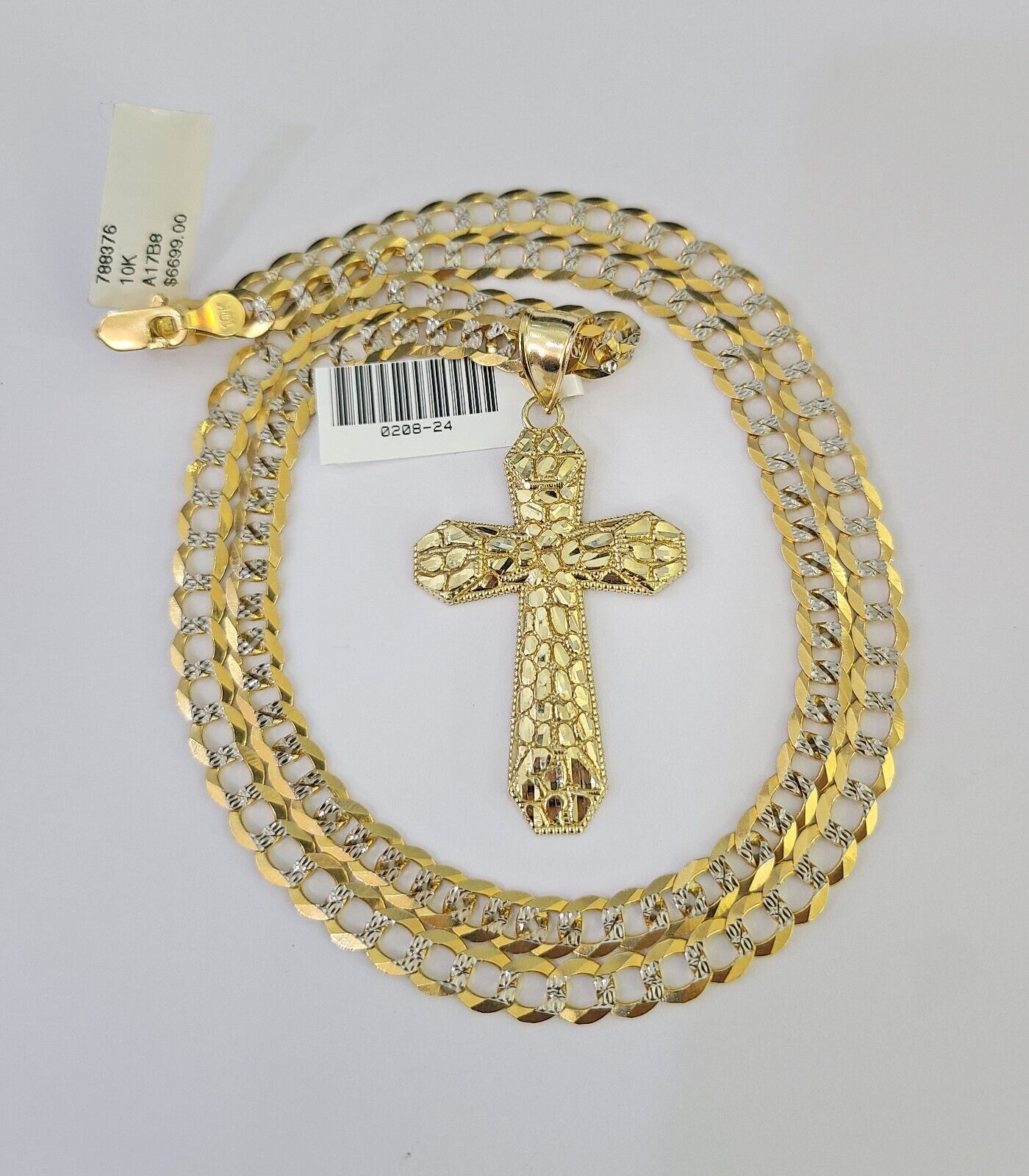 Solid 10k Gold Cuban Curb Chain Nugget Cross Pendant 6mm 20"-30" SET Necklace Two-tone