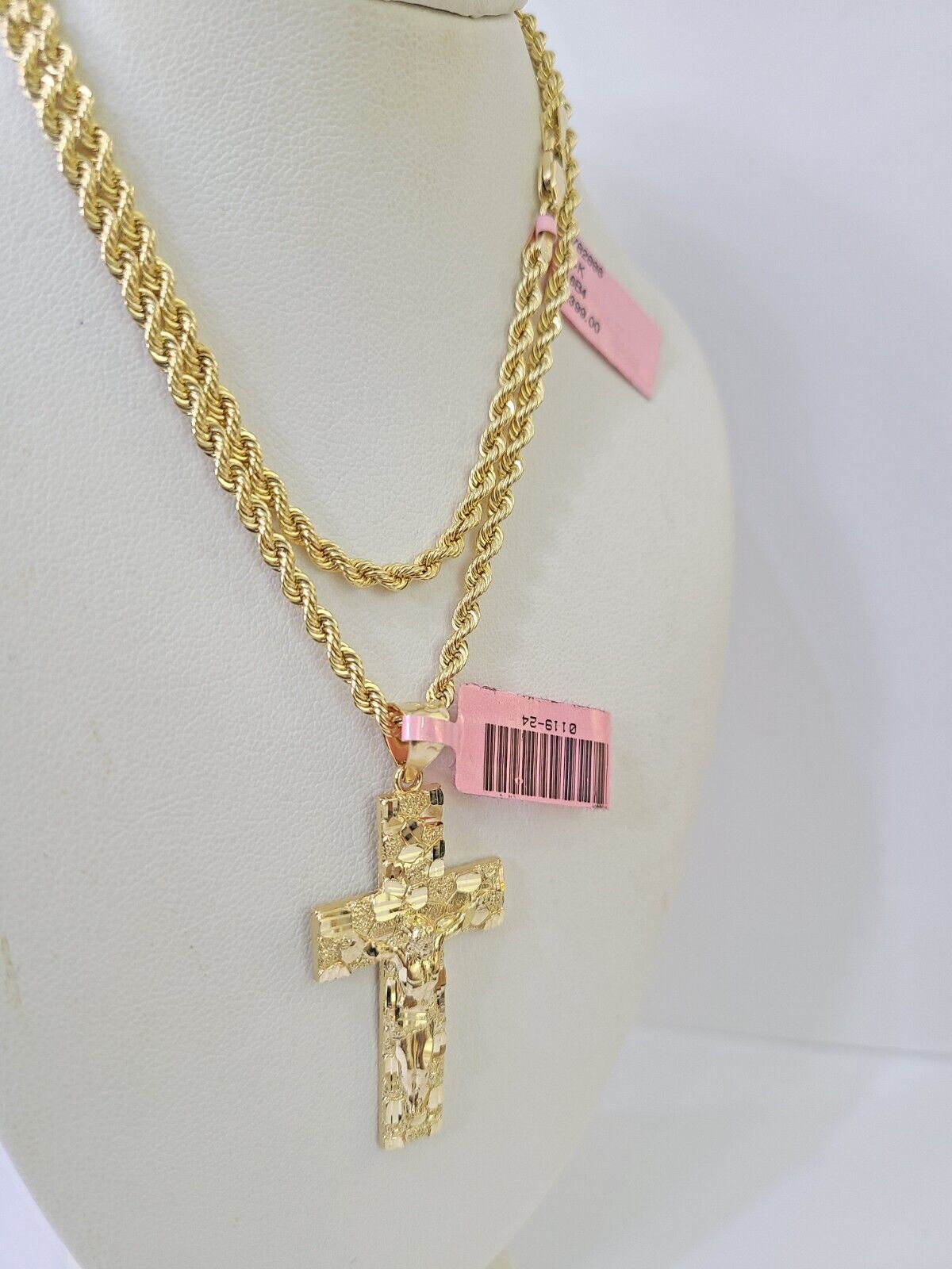 Real 14k Rope Chain Jesus Cross Charm Set Yellow Gold 3mm 18"-26" Necklace