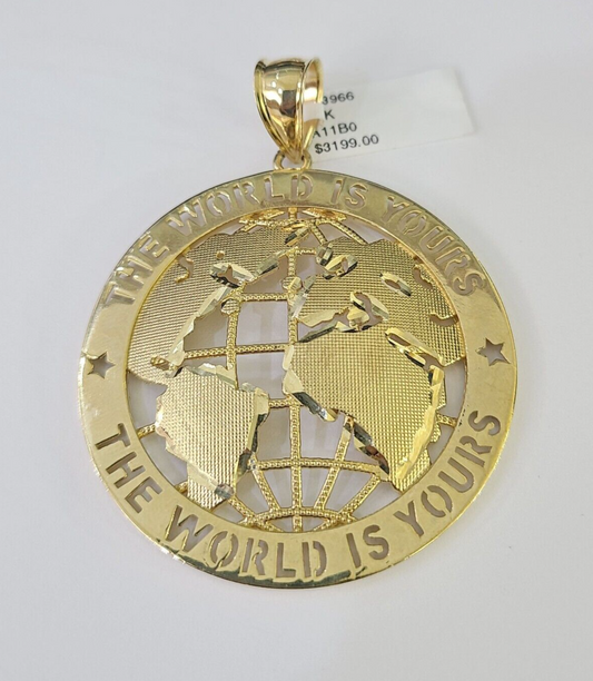 Real 10k The World is Yours Map Pendant Charm Yellow Gold Diamond Cut 10kt