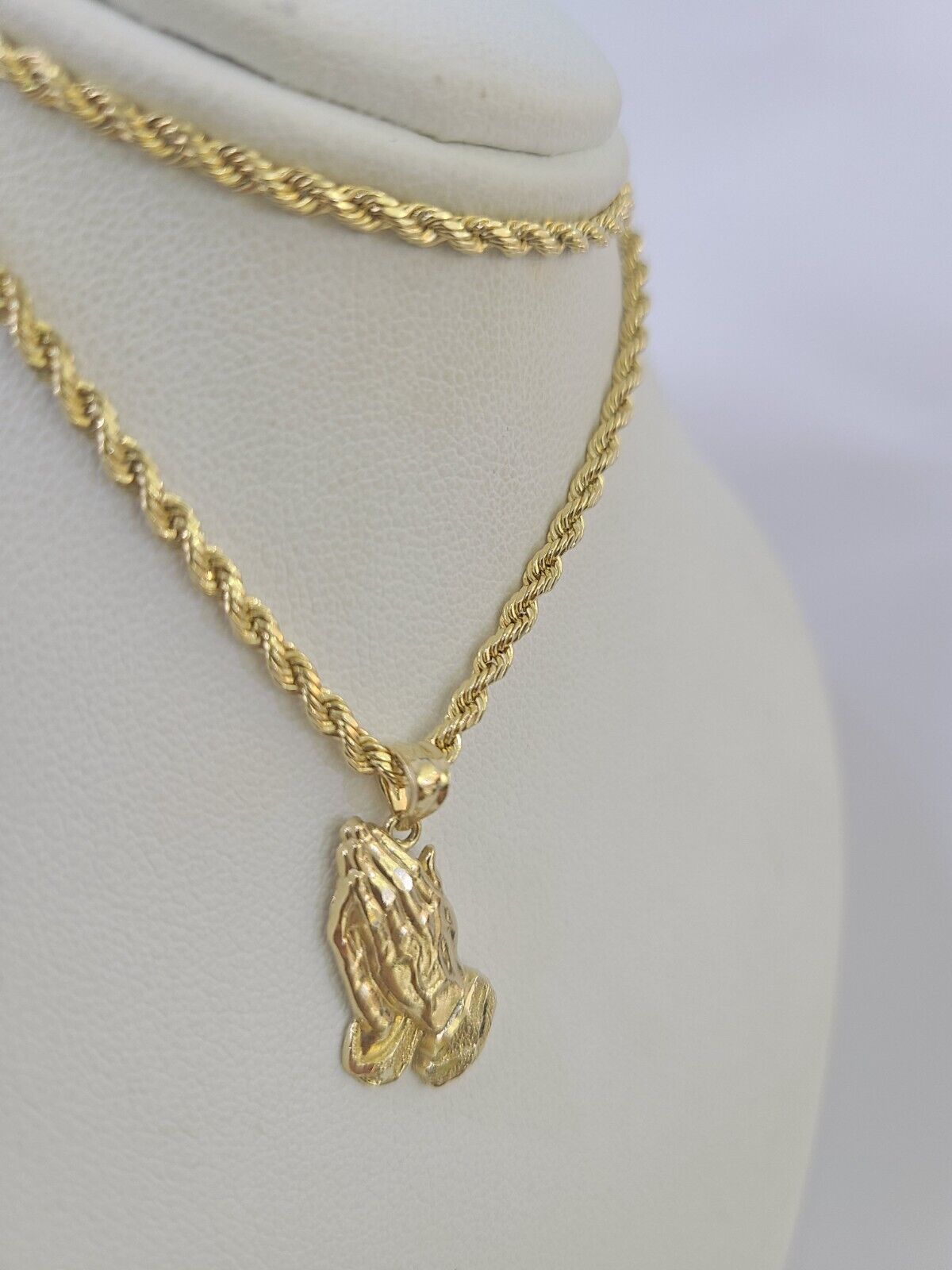 14k Rope Chain Praying Hands Charm Pendant Gold 2mm 18"-24inch SET Necklace