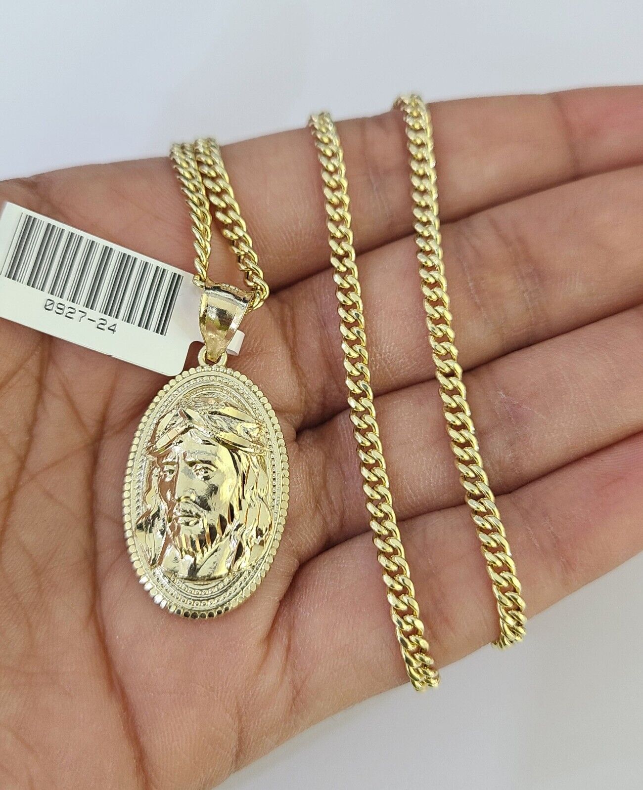 10K Gold Miami Cuban Chain Jesus Head 18"-28" 3mm Pendant Necklace SET Charm