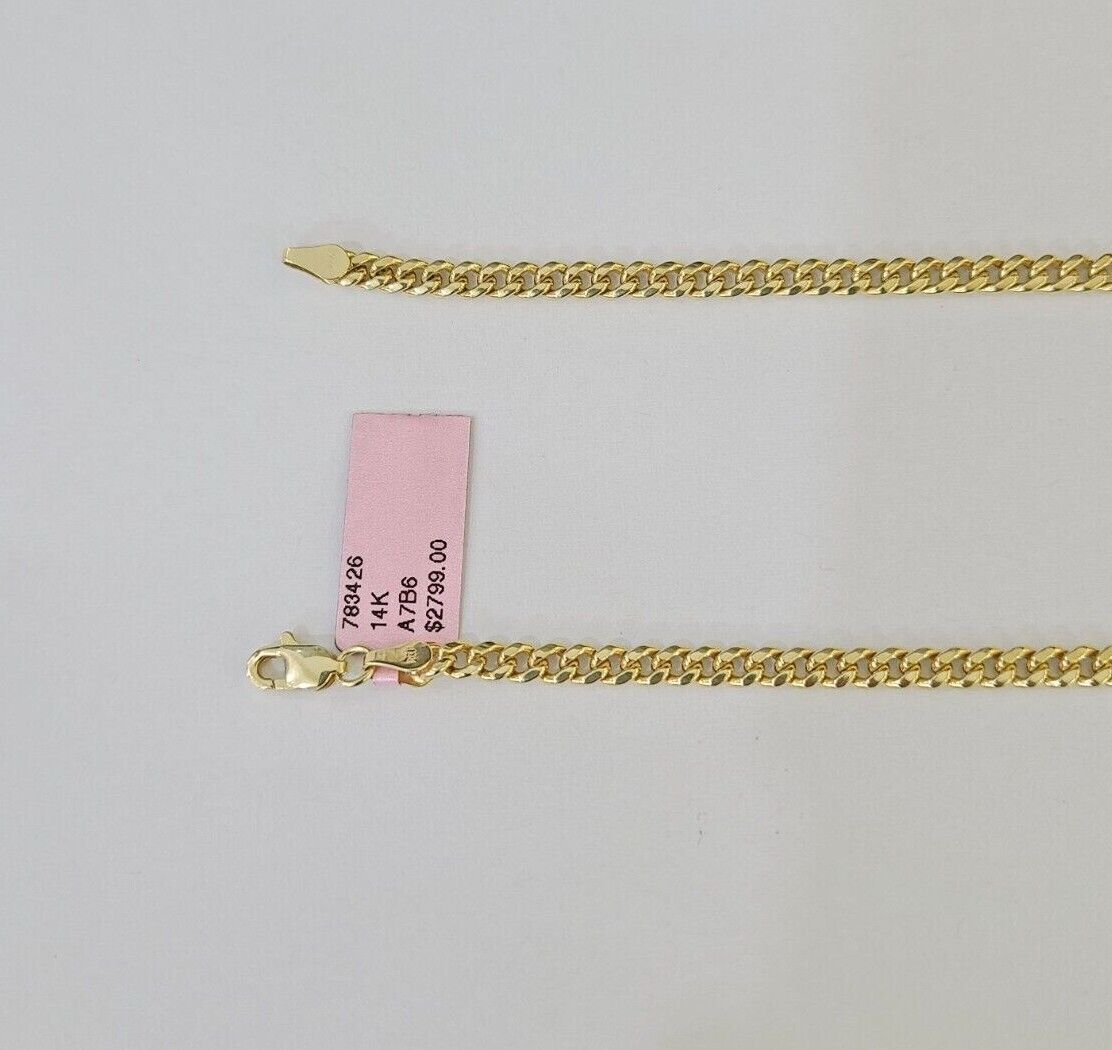 Real 14k Yellow Gold Chain Cross Charm Set Miami Cuban Link 4mm Necklace Pendant