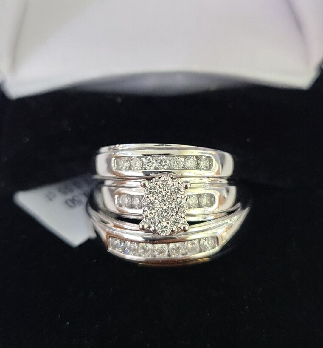 REAL 10k White Gold Diamond Ring Ladies Men Trio SET Wedding Engagement Genuine