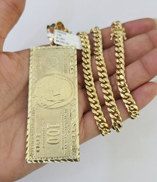 10K Miami Cuban Link Chain 100 Dollar Bill Pendent Charm 6mm 20"-30" Necklace