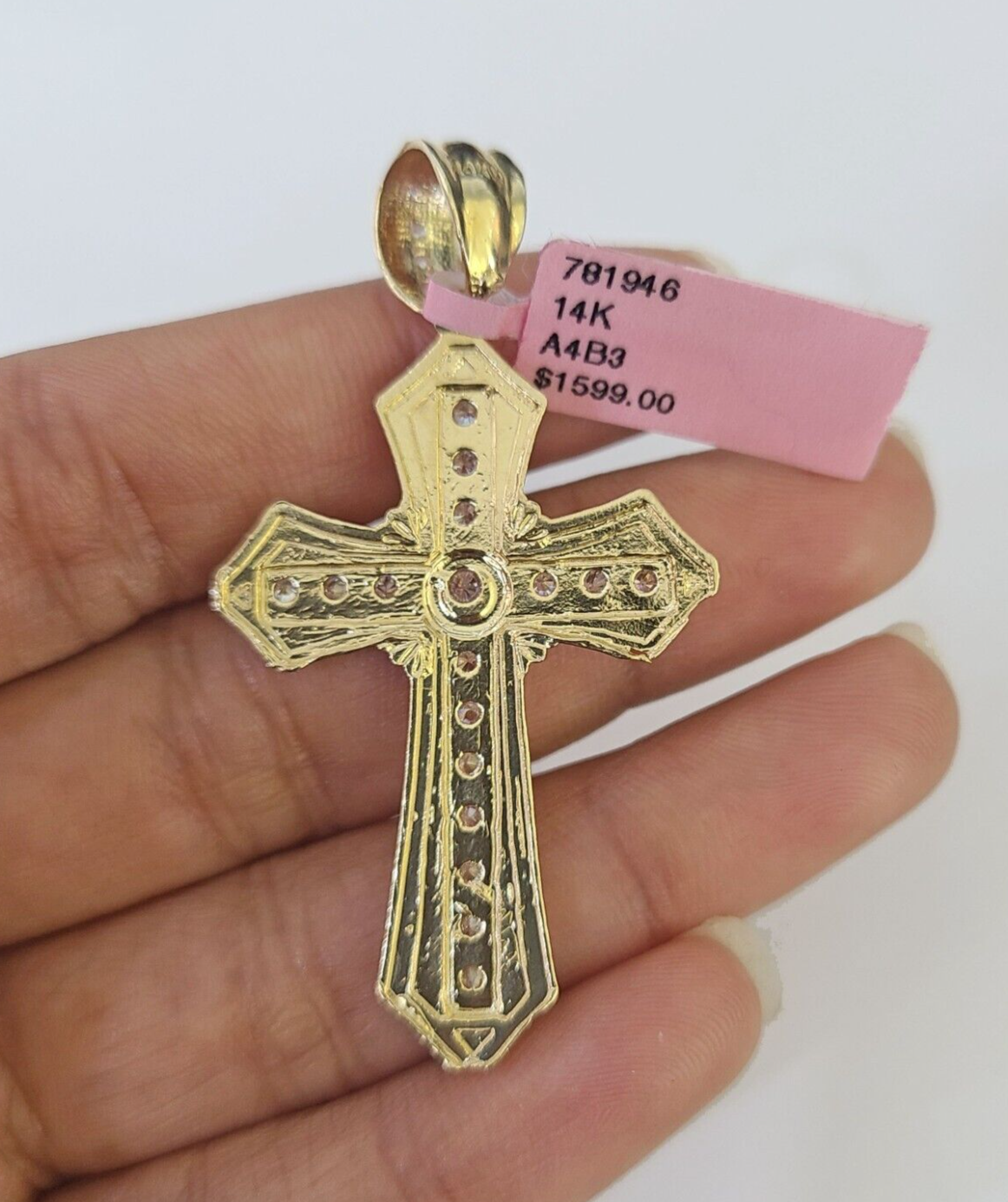 14k Jesus Christ CZ Cross Charm Pendant 2" Yellow Gold REAL Genuine Diamond Cuts