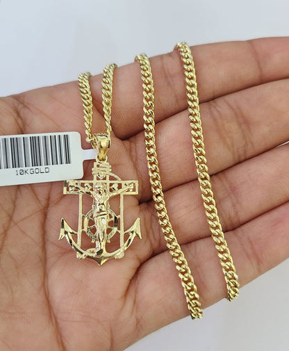 10K Gold Miami Cuban Chain Jesus Anchor Charm 18"-28" 3mm REAL Pendant Necklace