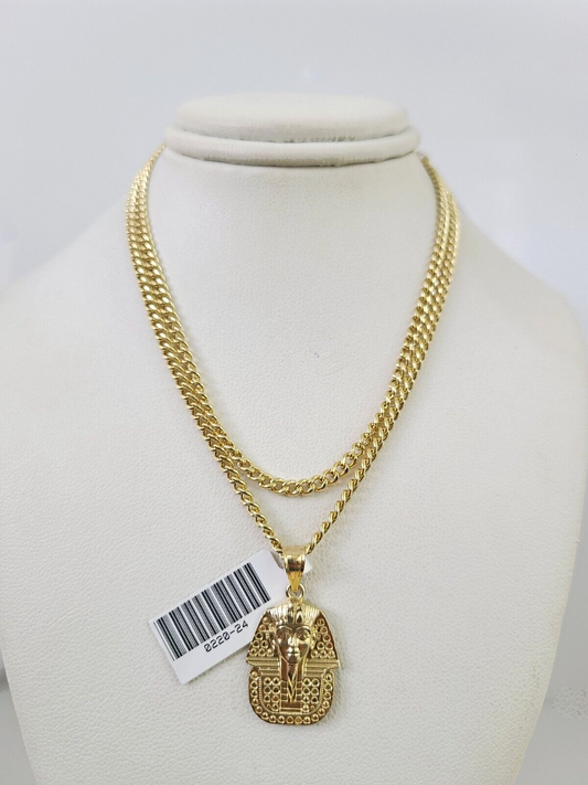 10k Gold Miami Cuban Chain Pharaoh Charm Pendant 3mm 18-28in Necklace Set