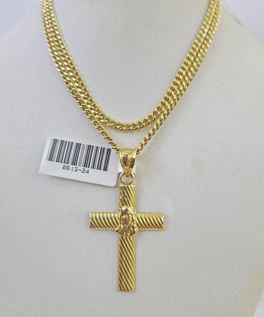 10K Gold Miami Cuban Chain Jesus Cross 18"-28" 3mm REAL Pendant Necklace SET