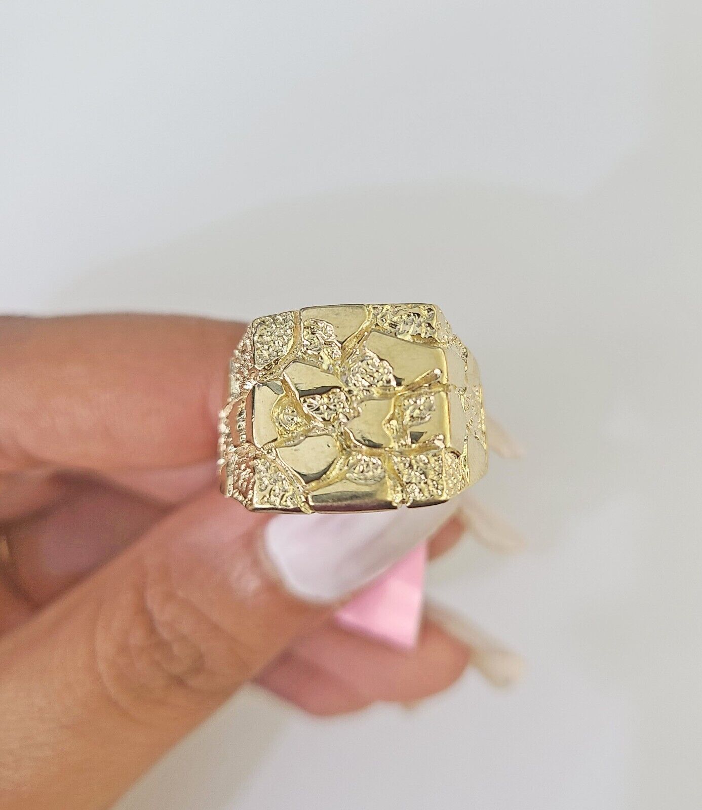 Real 14k Nugget Ring Yellow Gold Men Casual Flat Square 10kt