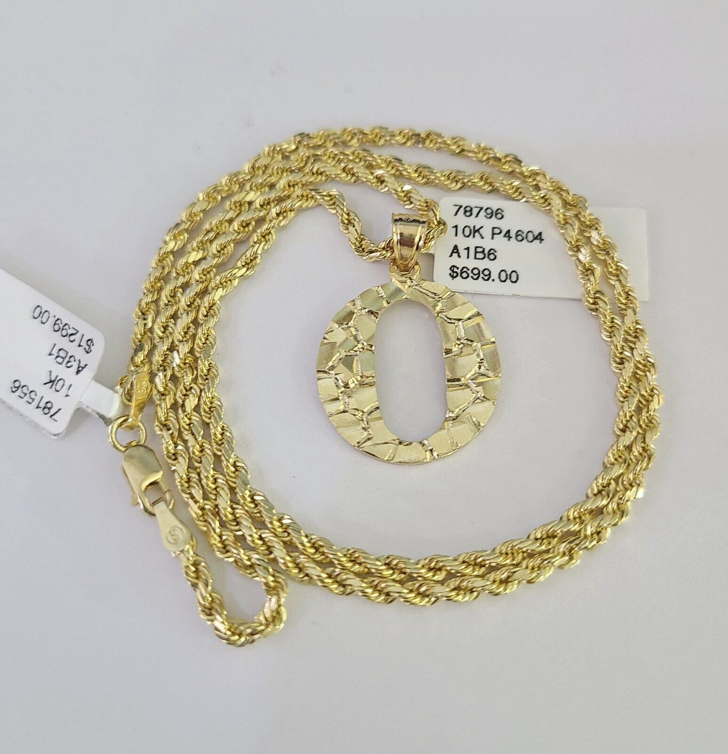 10k Gold Initial O Charm Rope Chain 16"-26" 2.5mm SET Necklace Alphabet Pendant