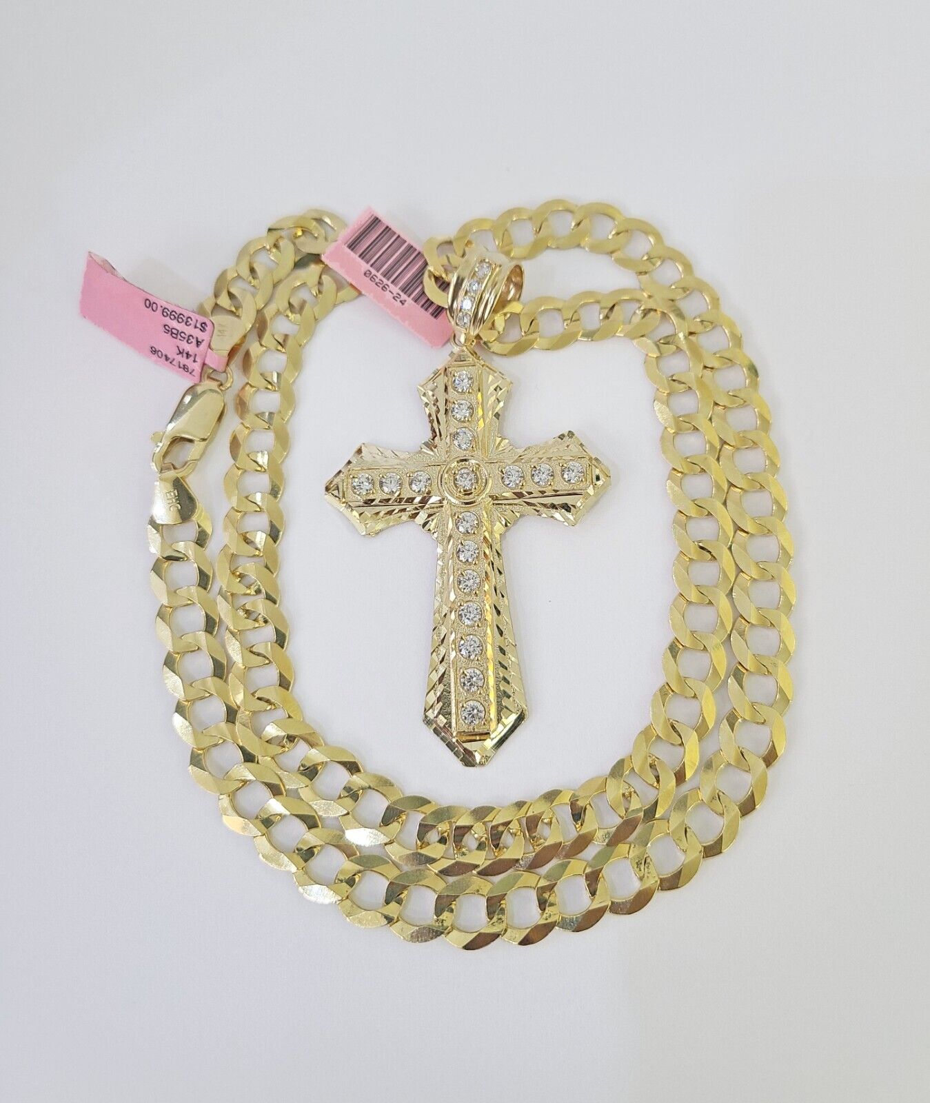 14k Solid Cuban Curb Link Chain Jesus Cross Charm Pendant 8mm 22inch YellowGold