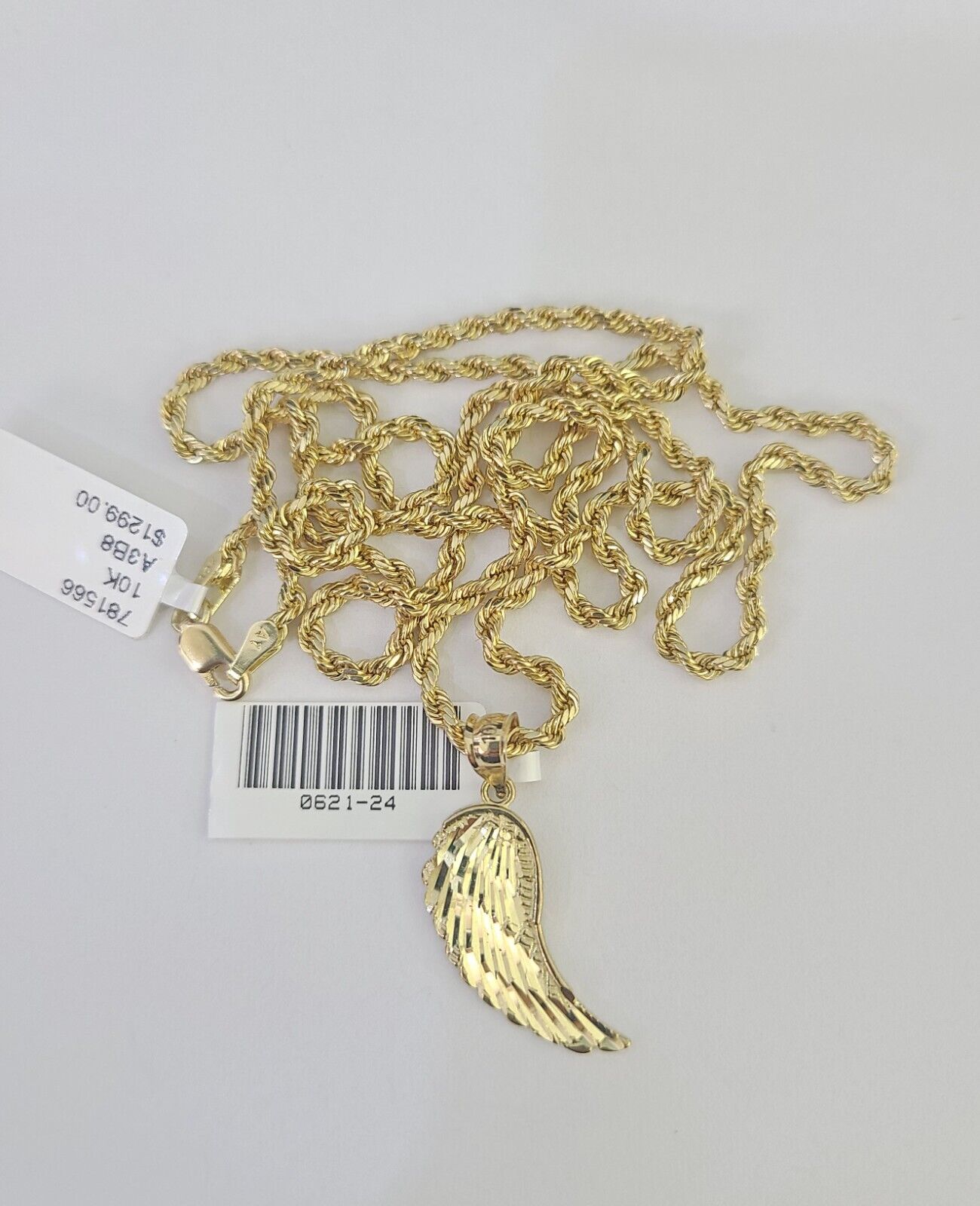 10k 2.5mm Rope Chain Angel Wings Pendant 18"-30" Yellow Gold Set Charm Necklace