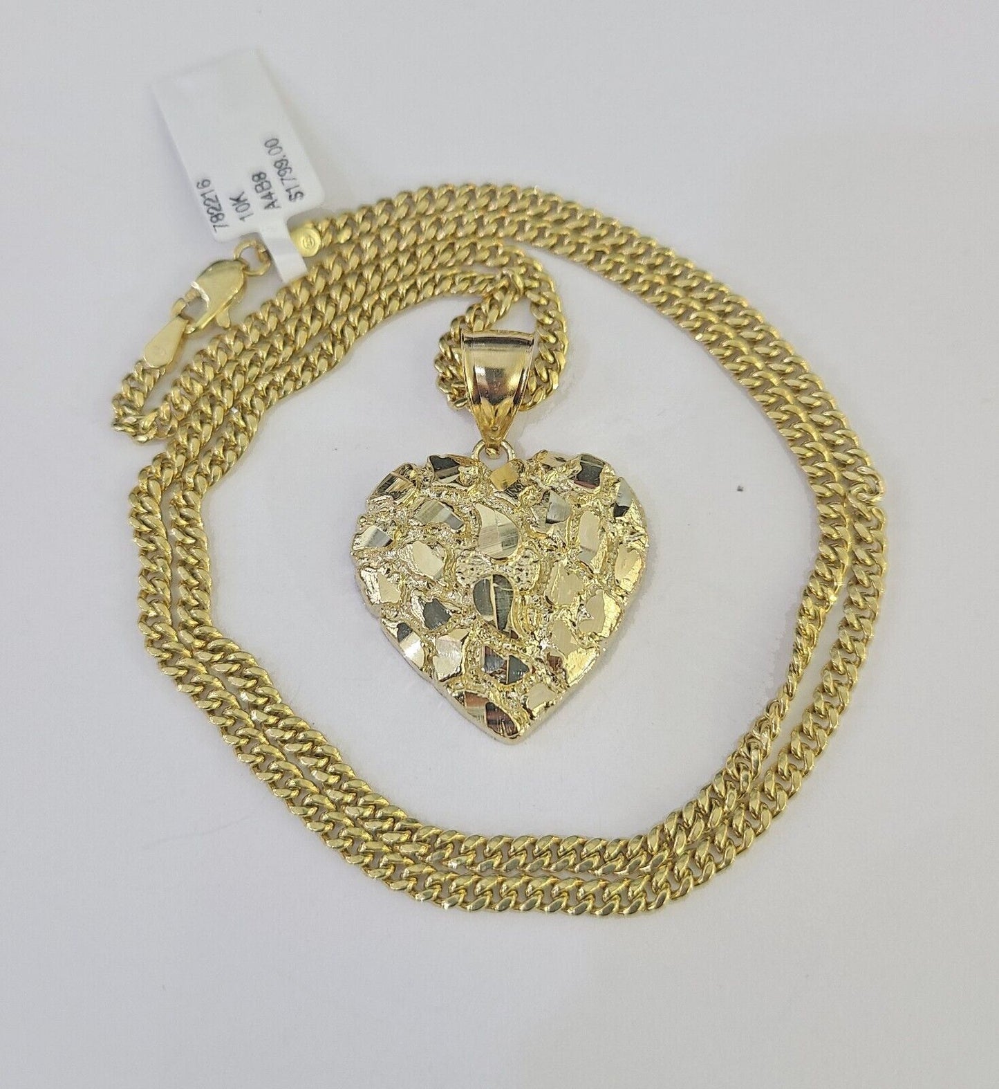 10K Gold Miami Cuban Chain Nugget Heart Charm 18"-24" 3mm REAL Pendant Ladies