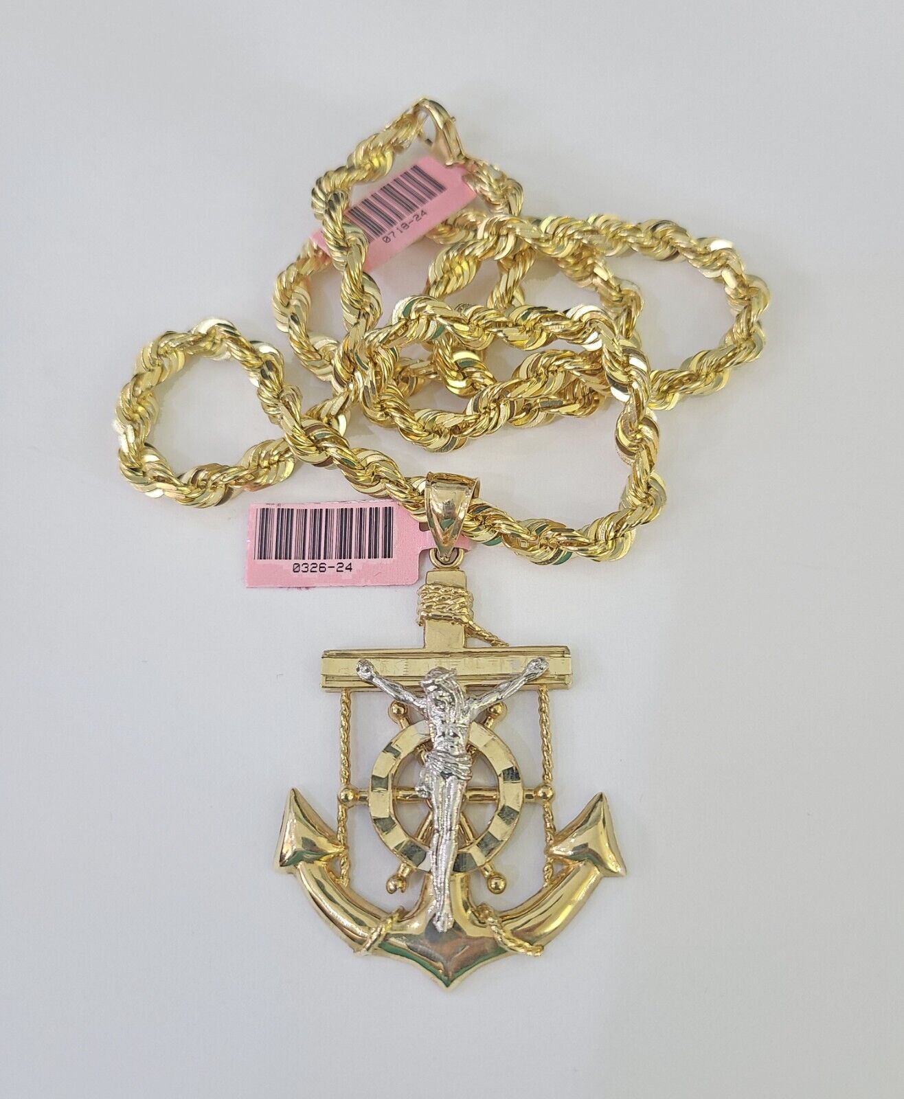 Real 14k Solid Rope Chain Jesus Anchor Charm Set 6mm 18"-30" Necklace Gold