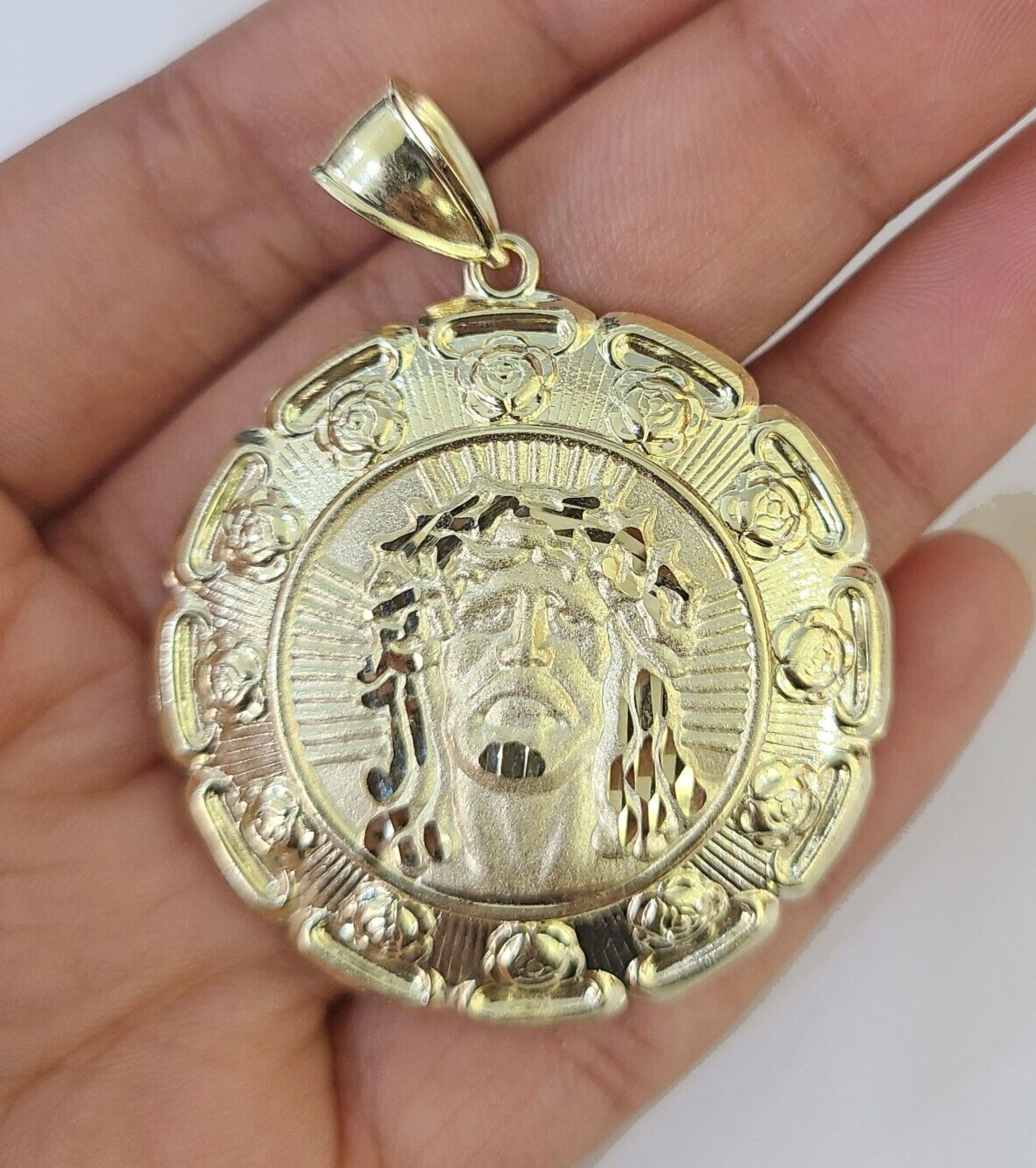 Real 10K Jesus Virgin Mary Pendent Charm Two Sided 10kt yellow Gold 2" Guadalupe