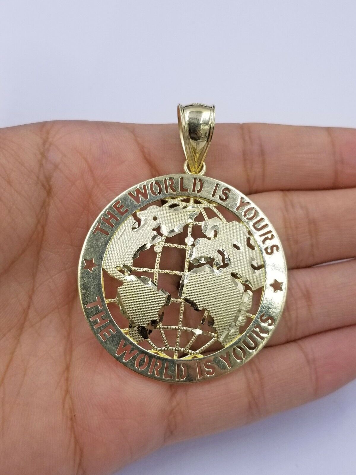 10K Yellow Gold Real Pendant The World is Your Solid fit a 7mm chain bail expand