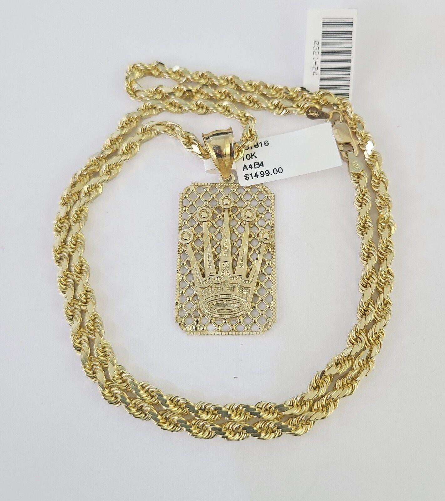 10k Solid Rope Chain Crown Charm Set 4mm 18"-30" Necklace Gold Pendant