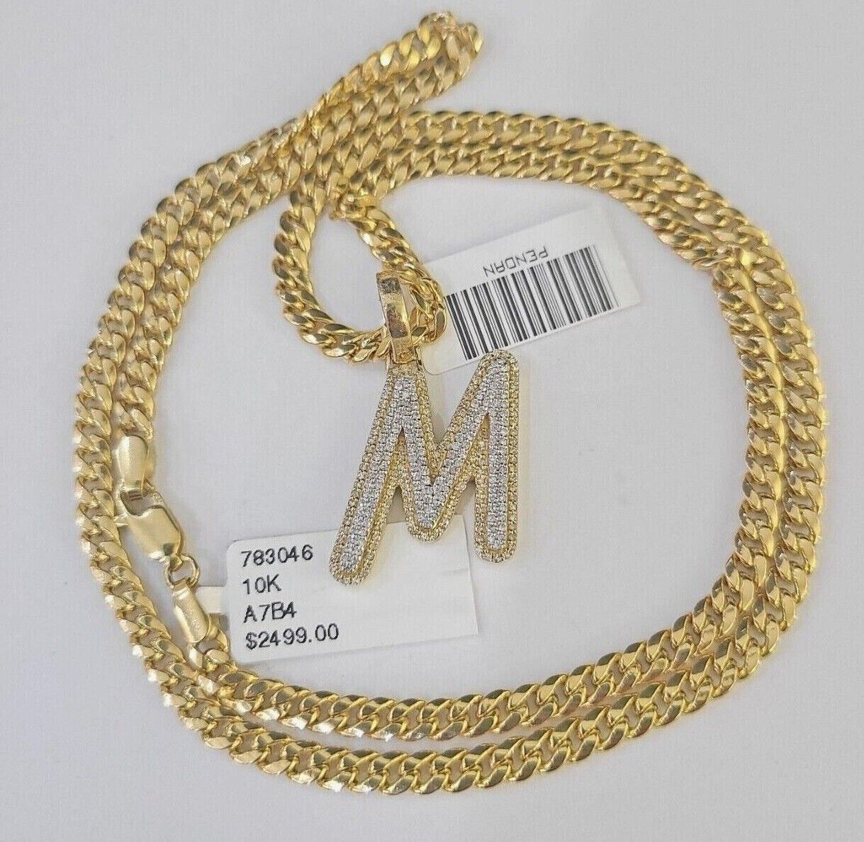 10k Miami Cuban Chain M Diamond Charm Set 4mm 18-26"Yellow Gold Necklace Pendant