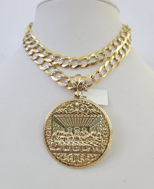 10k Gold Chain Last Supper Charm Solid Cuban Curb Necklace 9mm 20"-30" SET