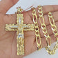 14k Solid Figaro Chain Jesus Cross Pendant Gold 7mm 20-30 inch SET Necklace