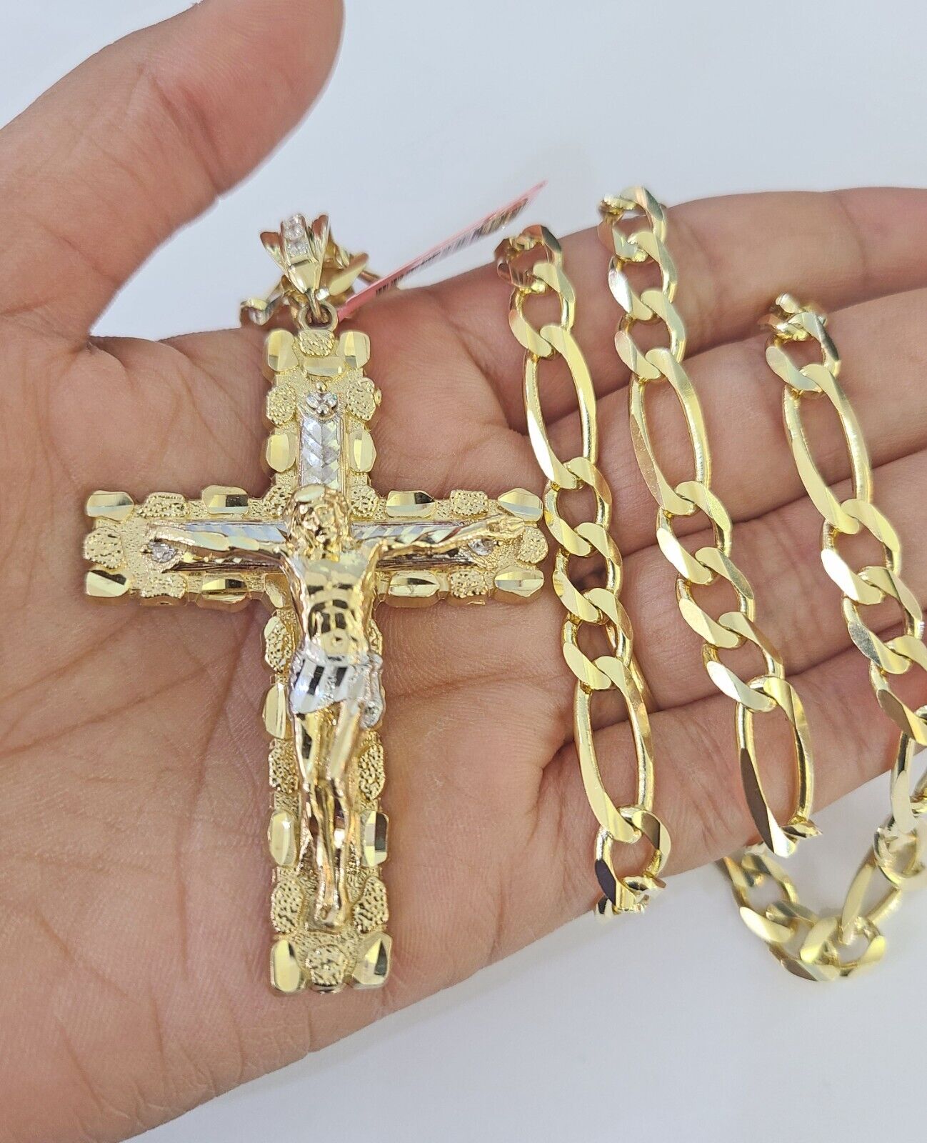 14k Solid Figaro Chain Jesus Cross Pendant Gold 7mm 20-30 inch SET Necklace