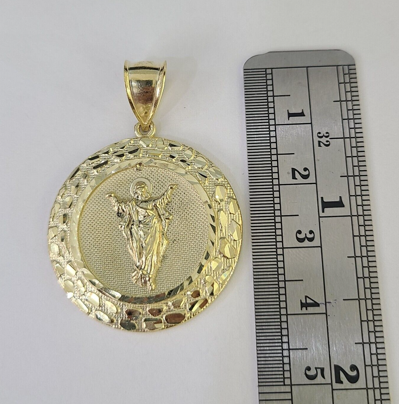 Real 10K Nugget Medallion Guadalupe Pendent Charm 10kt yellow Gold 2" Religious