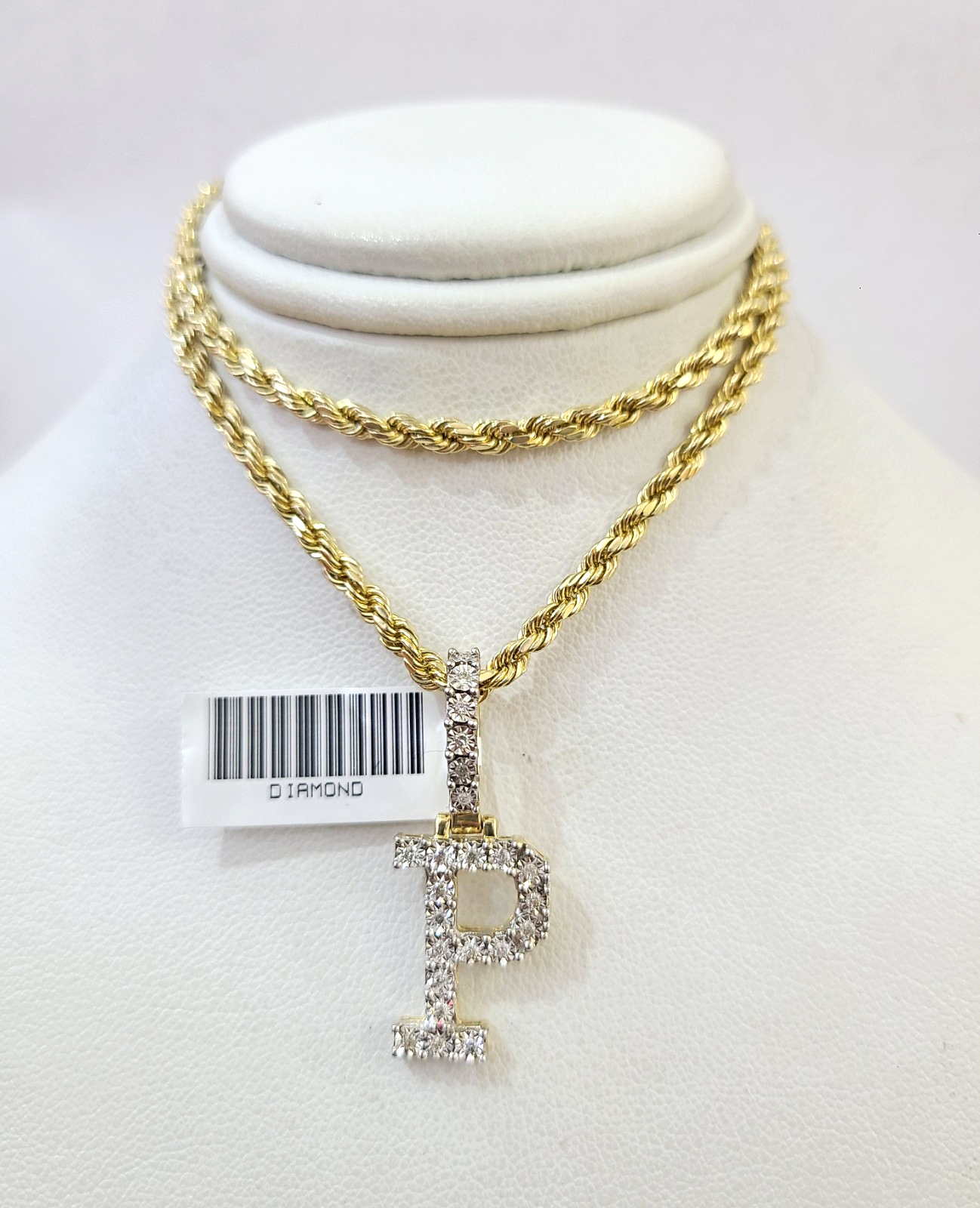 10k Rope Chain P Diamond Initial Charm Necklace Pendant Set 2mm 18"-24" Gold