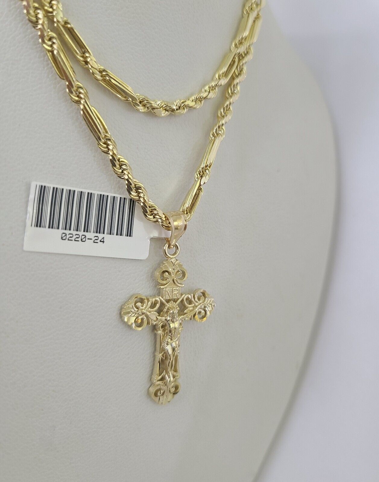 10k Milano Rope Chain INRI Cross Charm Necklace SET 3mm 18" 20" 22" 24" Pendant