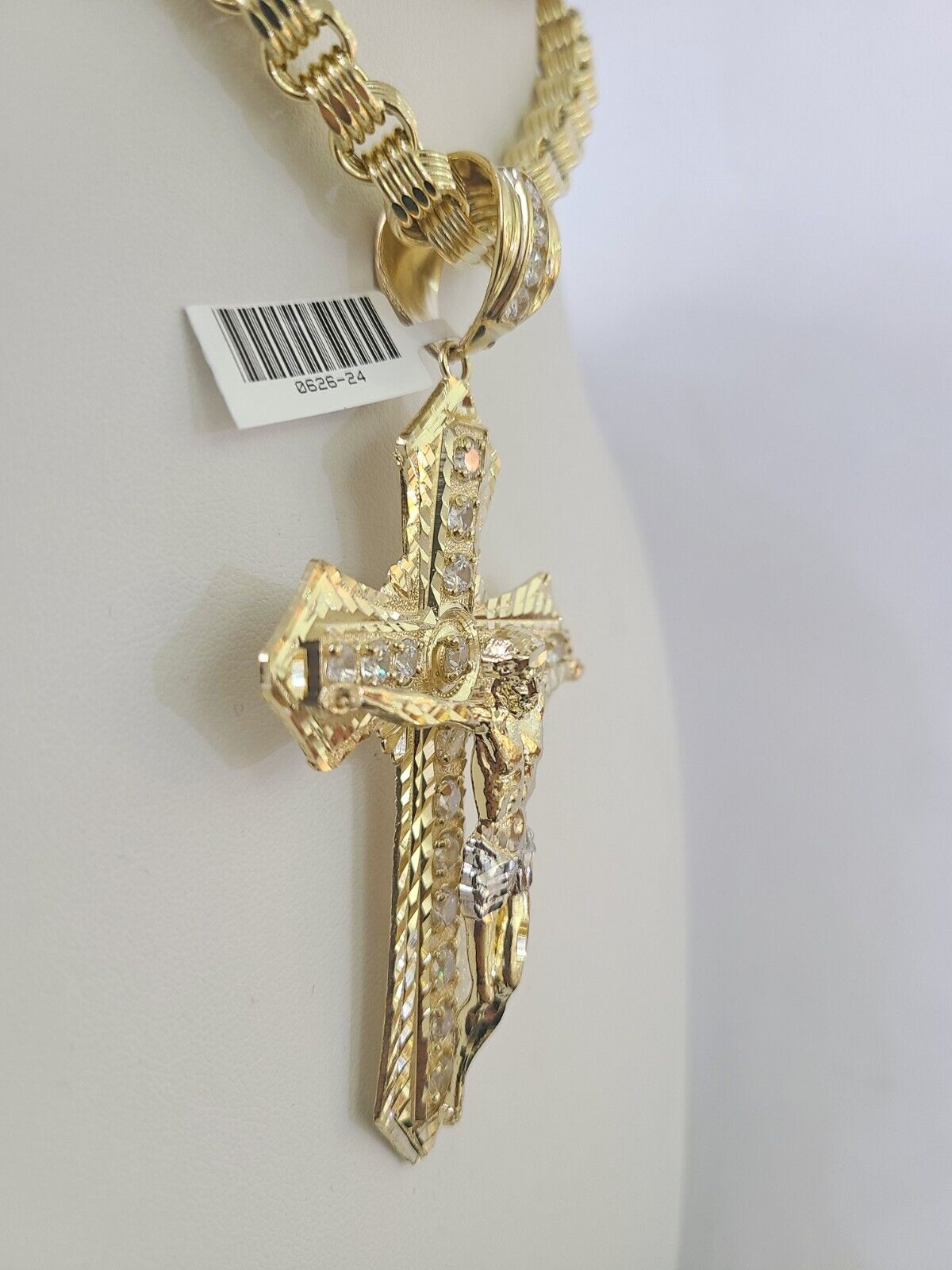 10k Gold Byzantine Necklace Jesus Cross Charm Pendant 20"-30" 8mm REAL SET Chain