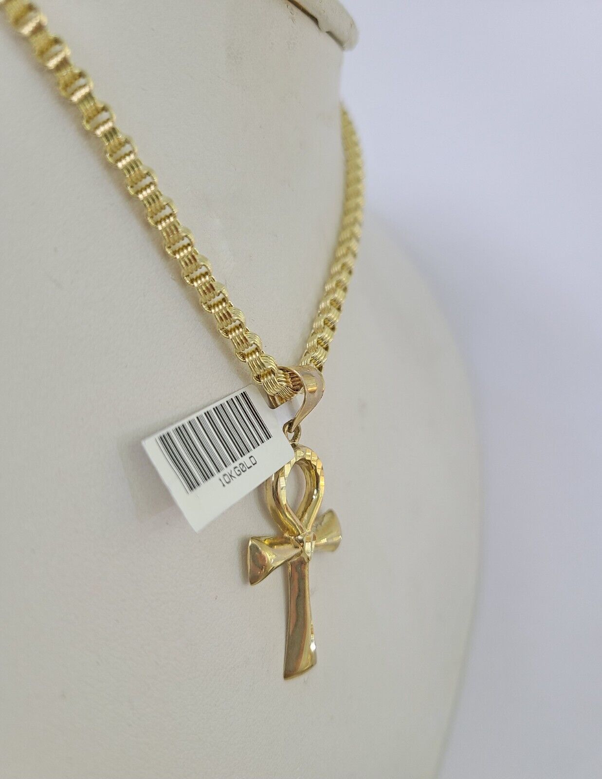 10k Gold Byzantine Necklace Jesus Ankh Cross Charm 18-28 inch 3mm SET Chain