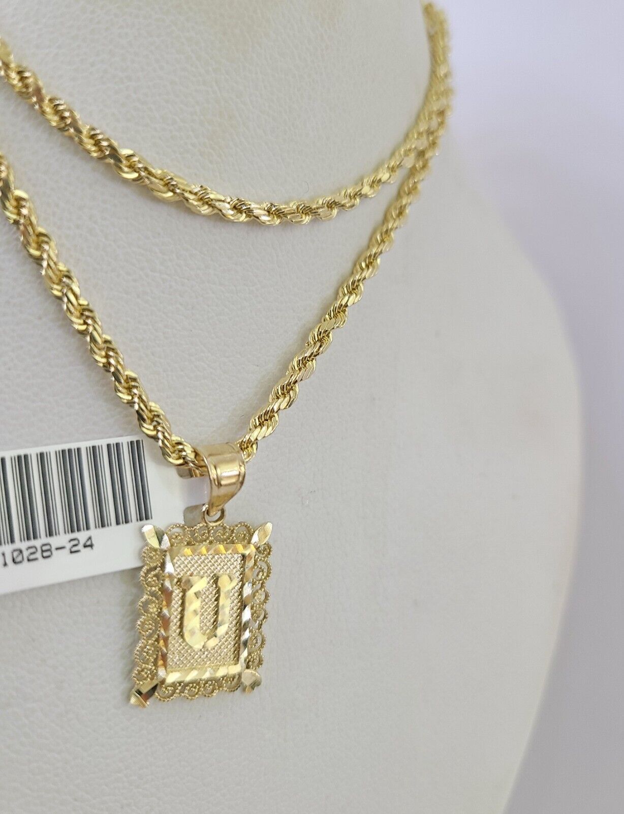 10k Gold Initial U Charm Rope Chain 16"-26" 2.5mm SET Necklace Alphabet Pendant