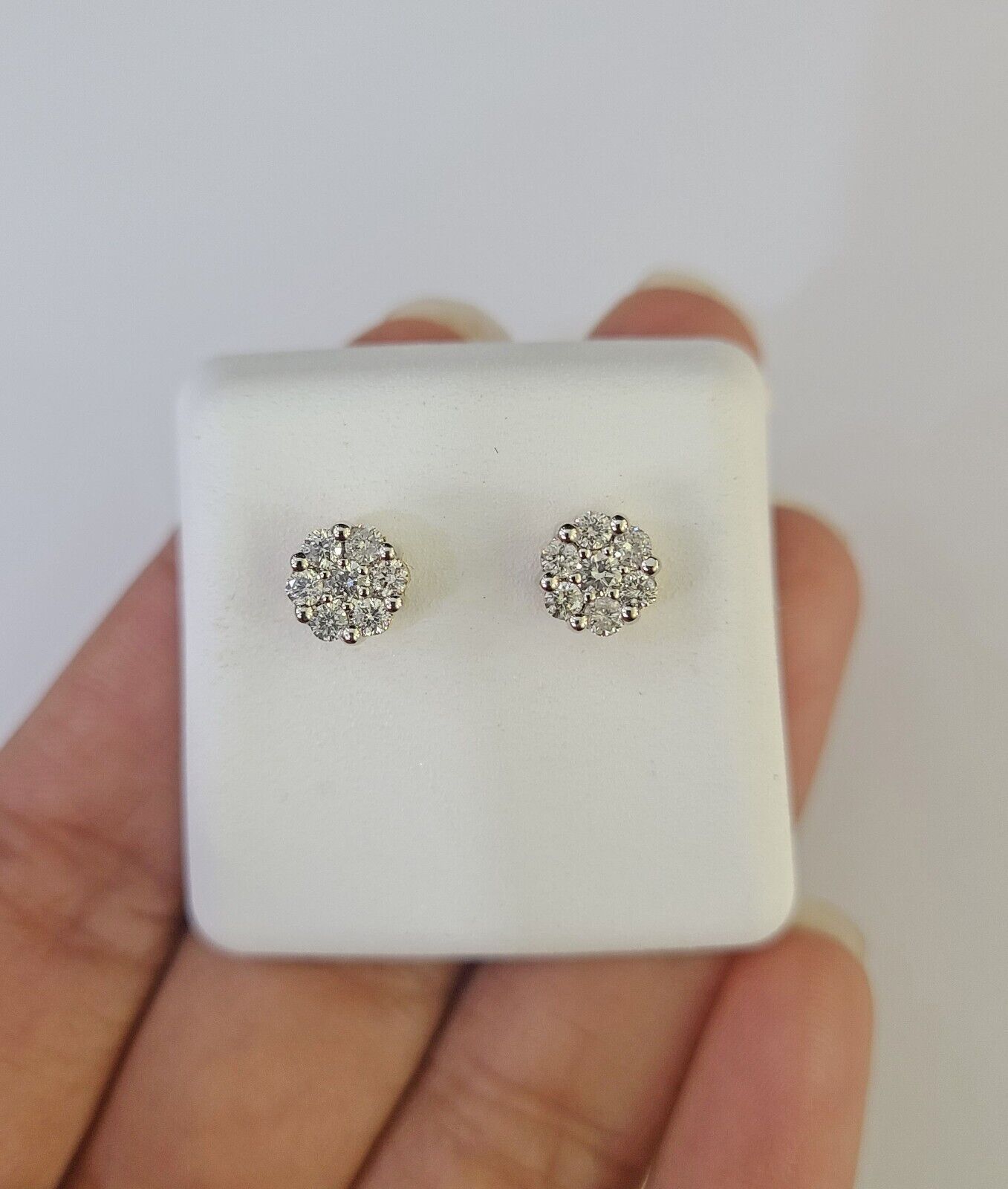 14k Diamond Flower Earrings Yellow gold Real Screw-Back Women Men Studs