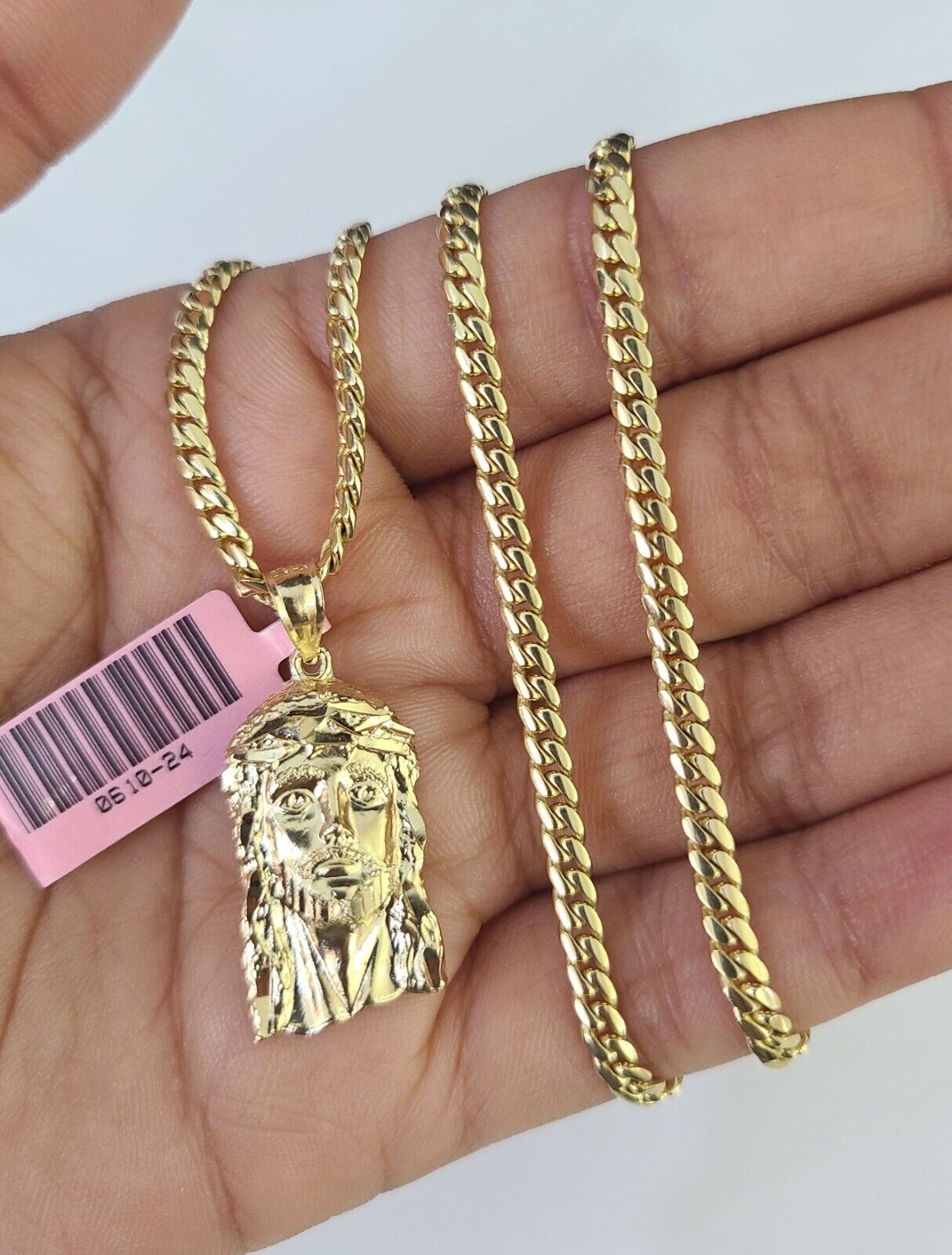 Real 14k Solid Chain Jesus Head Charm Set Miami Cuban 3mm Necklace Pendant