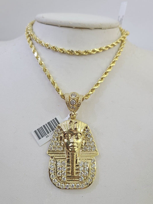 10k Solid Rope Chain Pharaoh Charm Set 4mm 18"-28" Necklace Yellow Gold Pendant