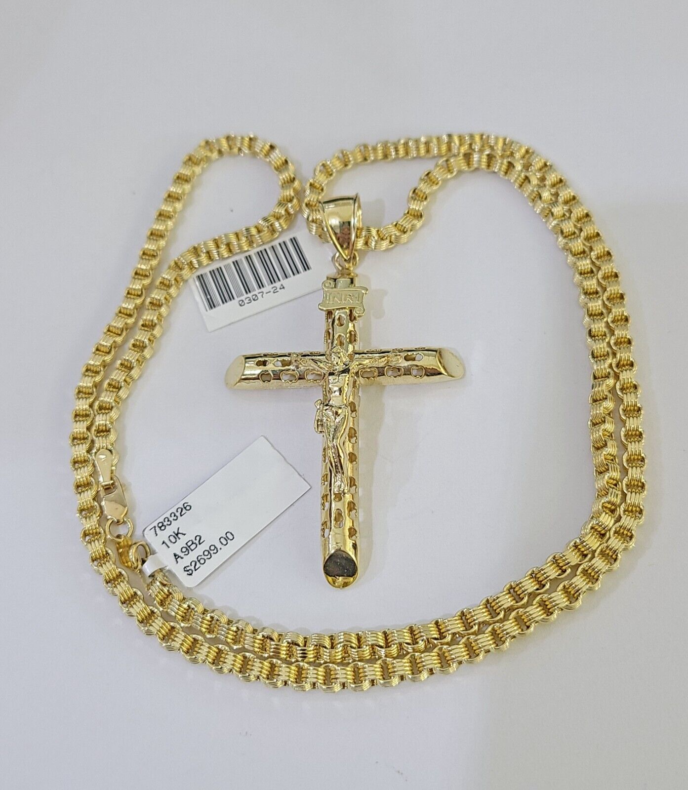 10k Gold Byzantine Necklace INRI Jesus Cross Charm 18-26 inches 3mm SET Chain