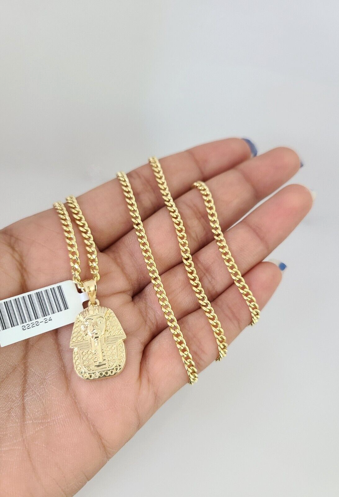 10k Gold Miami Cuban Chain Pharaoh Charm Pendant 3mm 18-28in Necklace Set