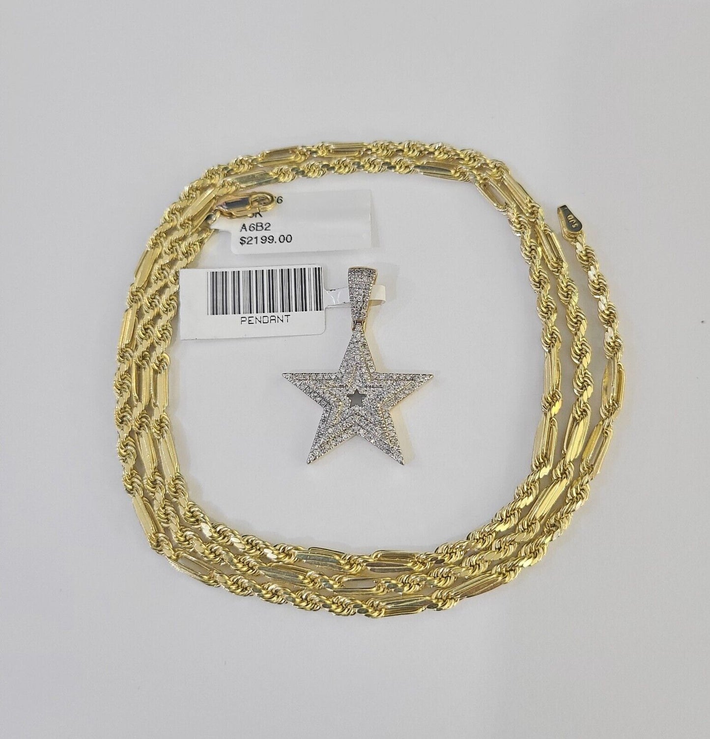 Real 10k Milano Rope Chain Diamond Star Charm Necklace SET 3mm 18" 20" 22" 24"