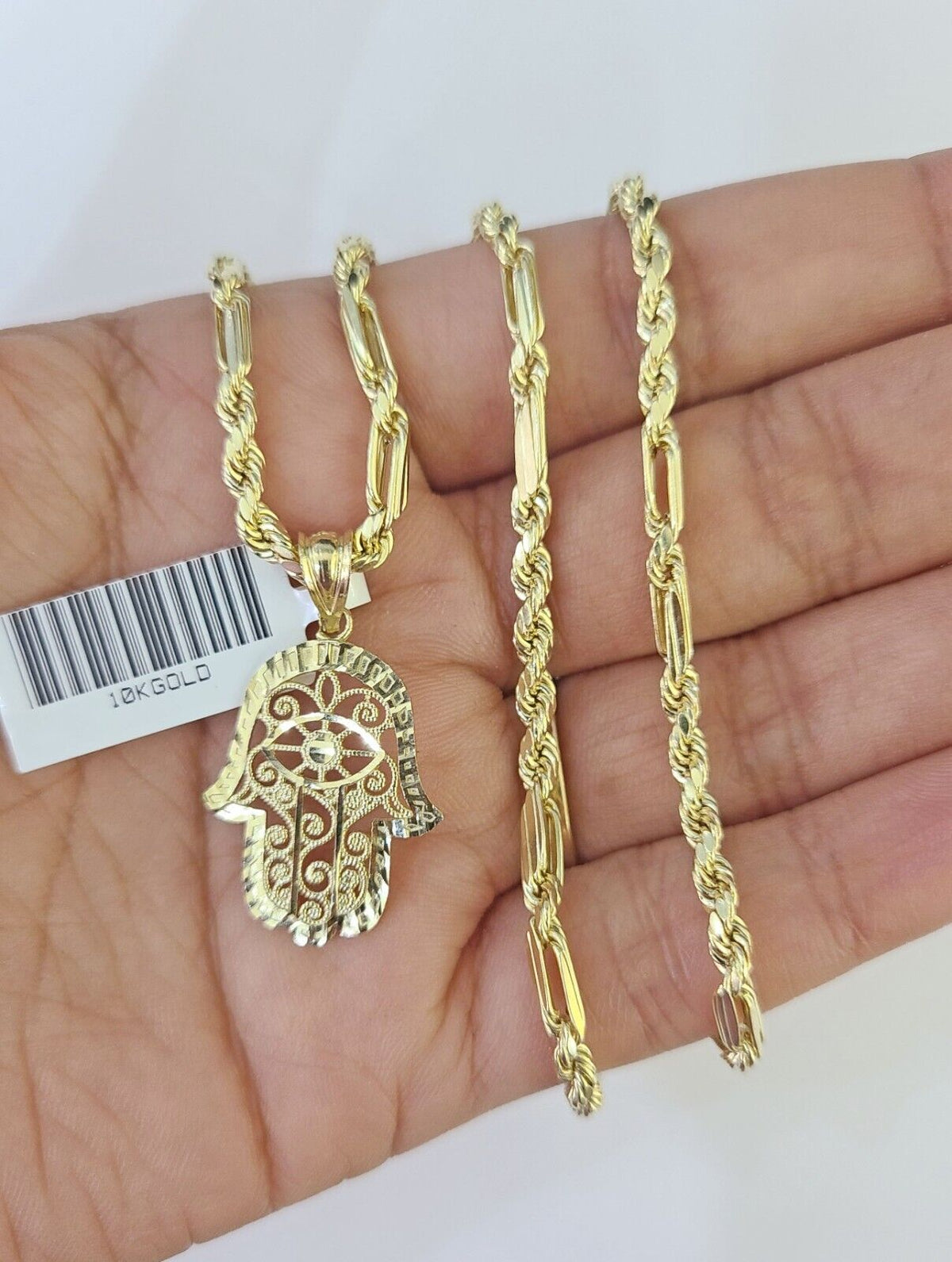 Hamsa Rope Chain 10k Milano Rope Chain Hamsa Hand Charm Necklace SET 3mm 18