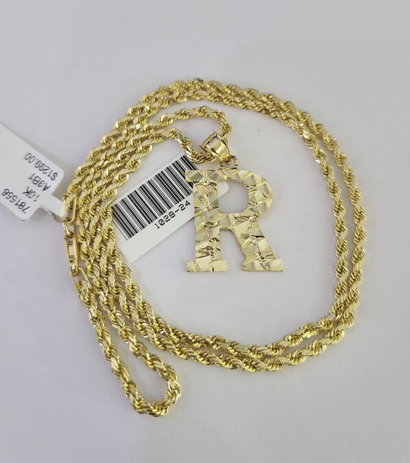 10k Gold Initial R Charm Rope Chain 16"-26" 2.5mm SET Necklace Alphabet Pendant