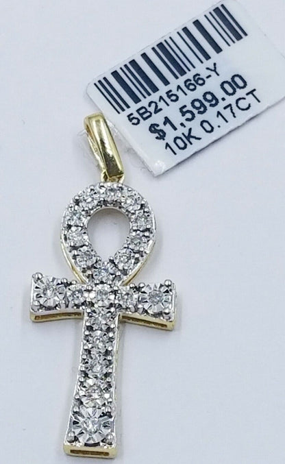 10k Gold Ankh Cross Charm Real Diamond 2mm Rope Chain 18" 20" 22" 24" 26"