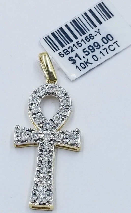 10k Gold Ankh Cross Charm Real Diamond 2mm Rope Chain 18" 20" 22" 24" 26"