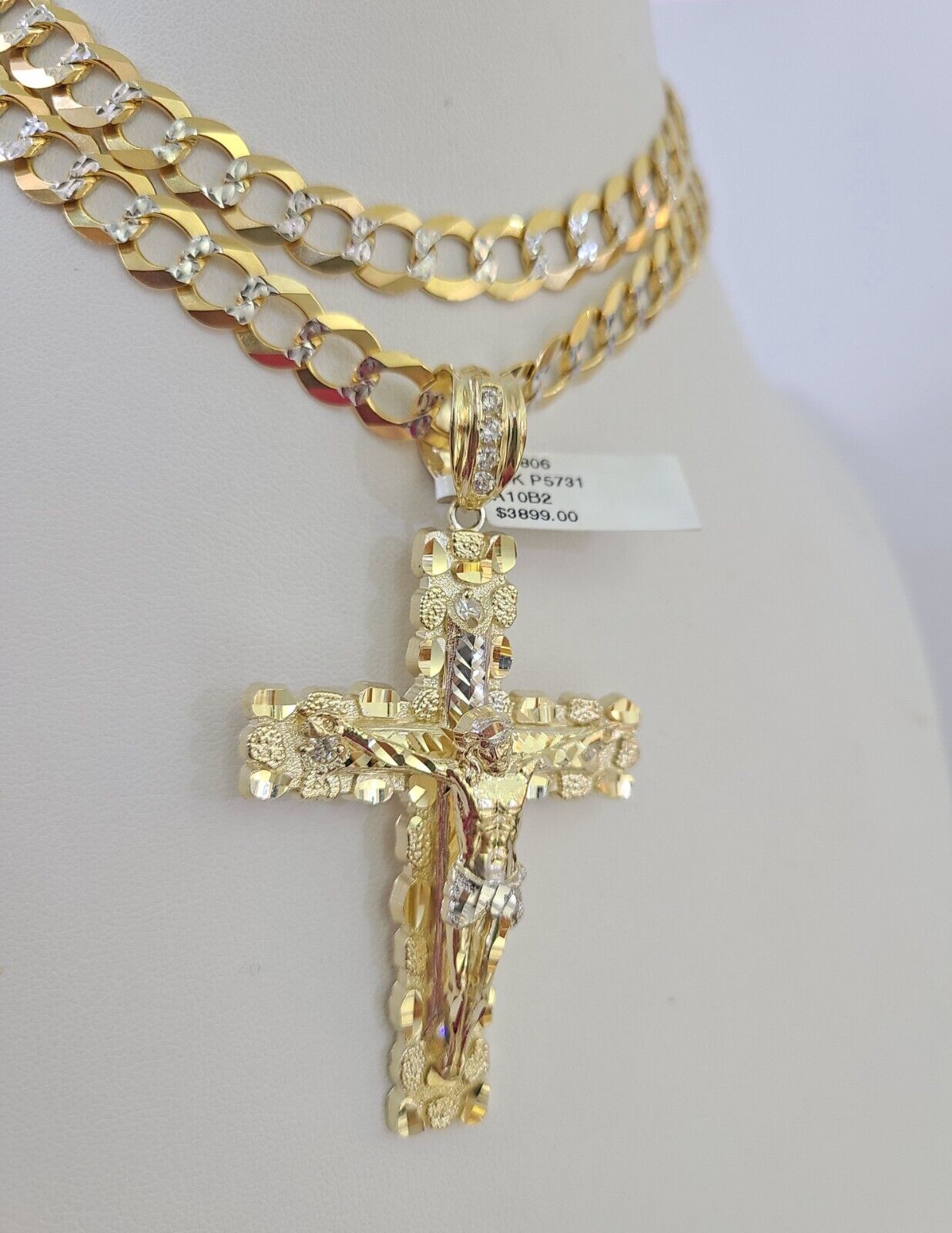 10k Gold Chain Cross Charm Solid Cuban Curb Necklace 9mm 20"-30" Diamond Cut SET