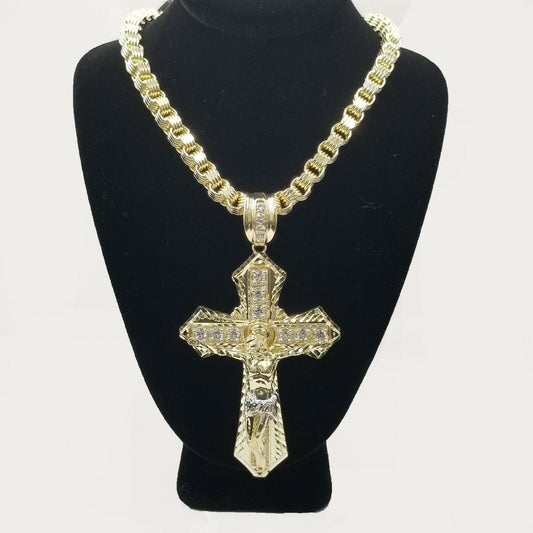 10k Gold Mens Byzantine Box Necklace 26" Cross Charm Pendant Jesus