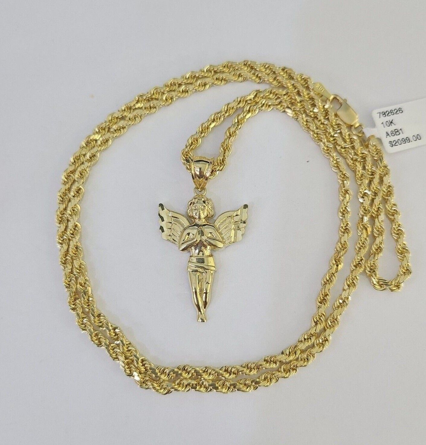 10k 3mm Rope Chain Praying Angel Pendant 18"-30" Yellow Gold Set Charm Necklace